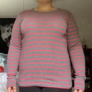 Gray and Pink Striped Crew Neck Long Sleeve